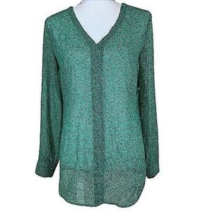 Green Print V Neck Long Sleeve Semi Sheer Casual Blouse Top Cabi‎ size Small